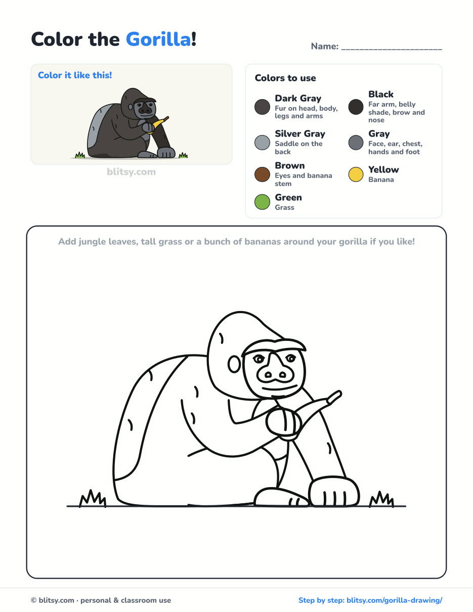 Gorilla coloring page printable with color key - free PDF download
