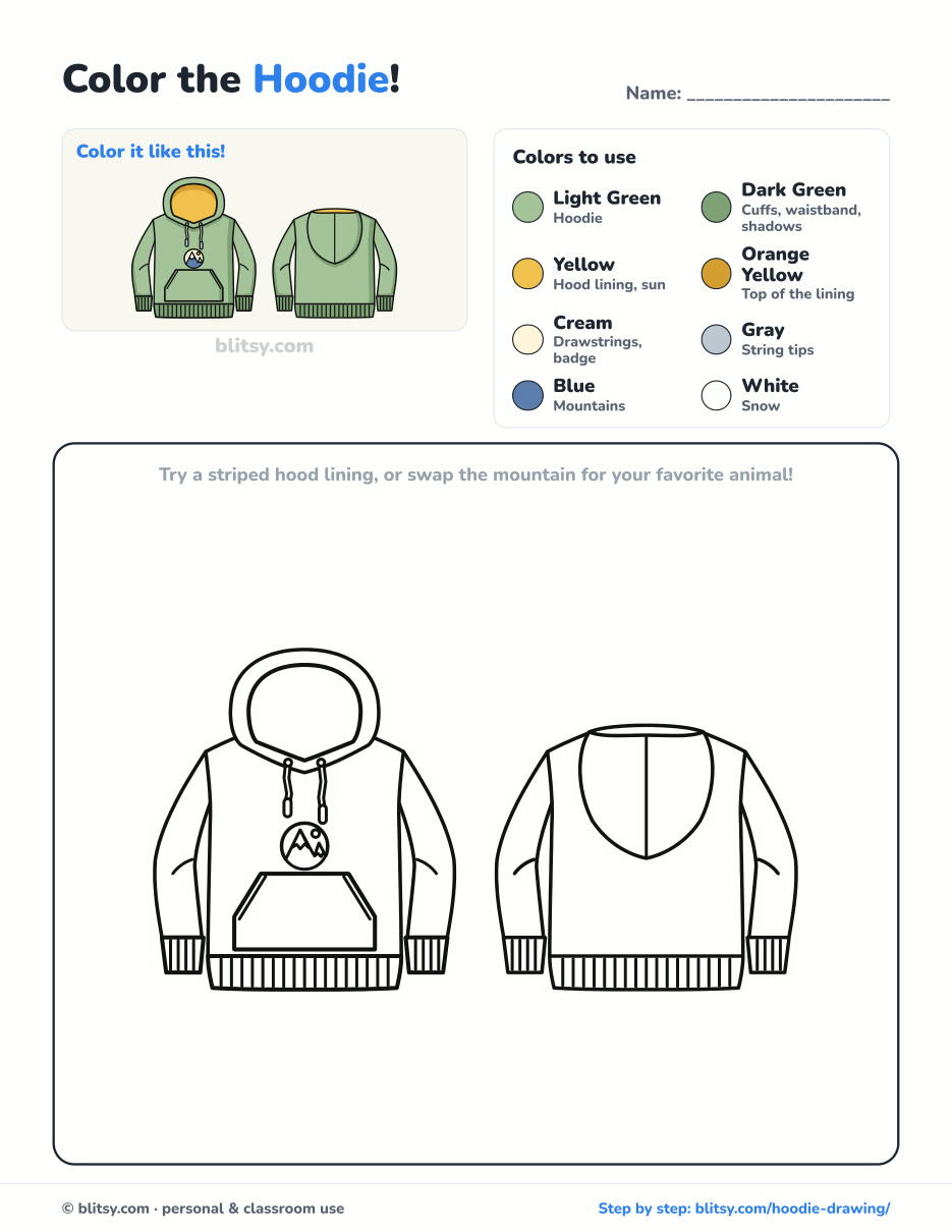 Hoodie coloring page printable with color key - free PDF download