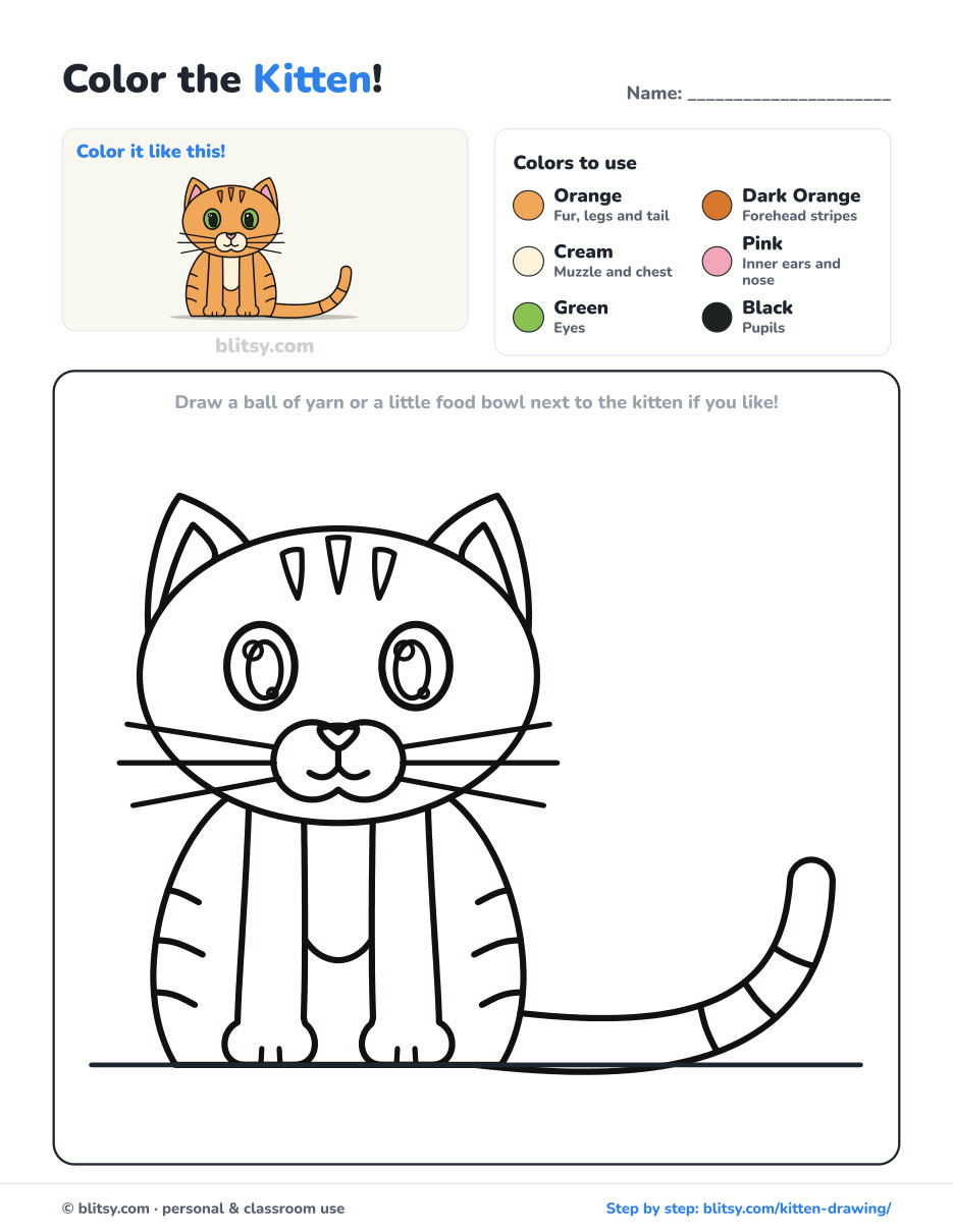 Kitten coloring page printable with color key - free PDF download
