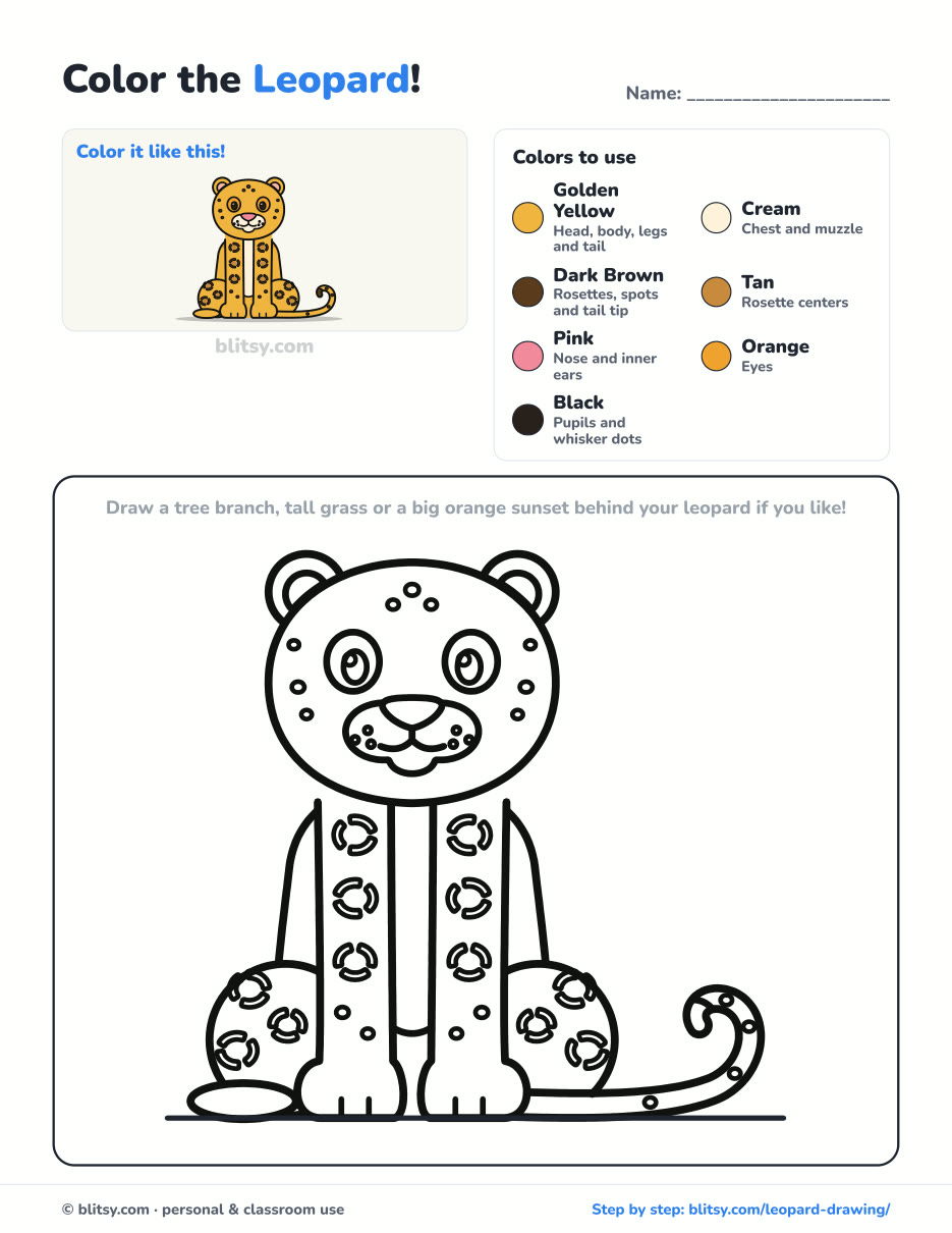 Leopard coloring page printable with color key - free PDF download