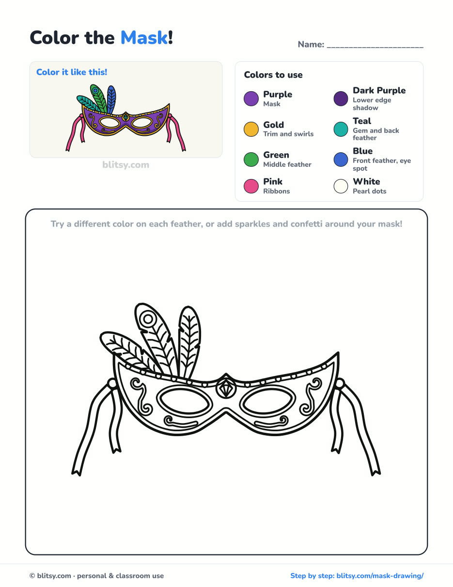 Mask coloring page printable with color key - free PDF download