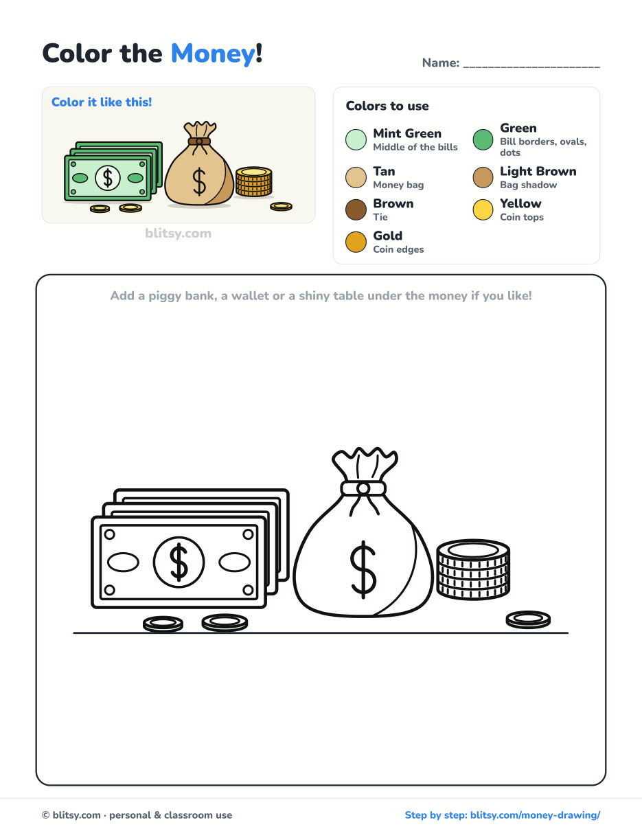 Money coloring page printable with color key - free PDF download