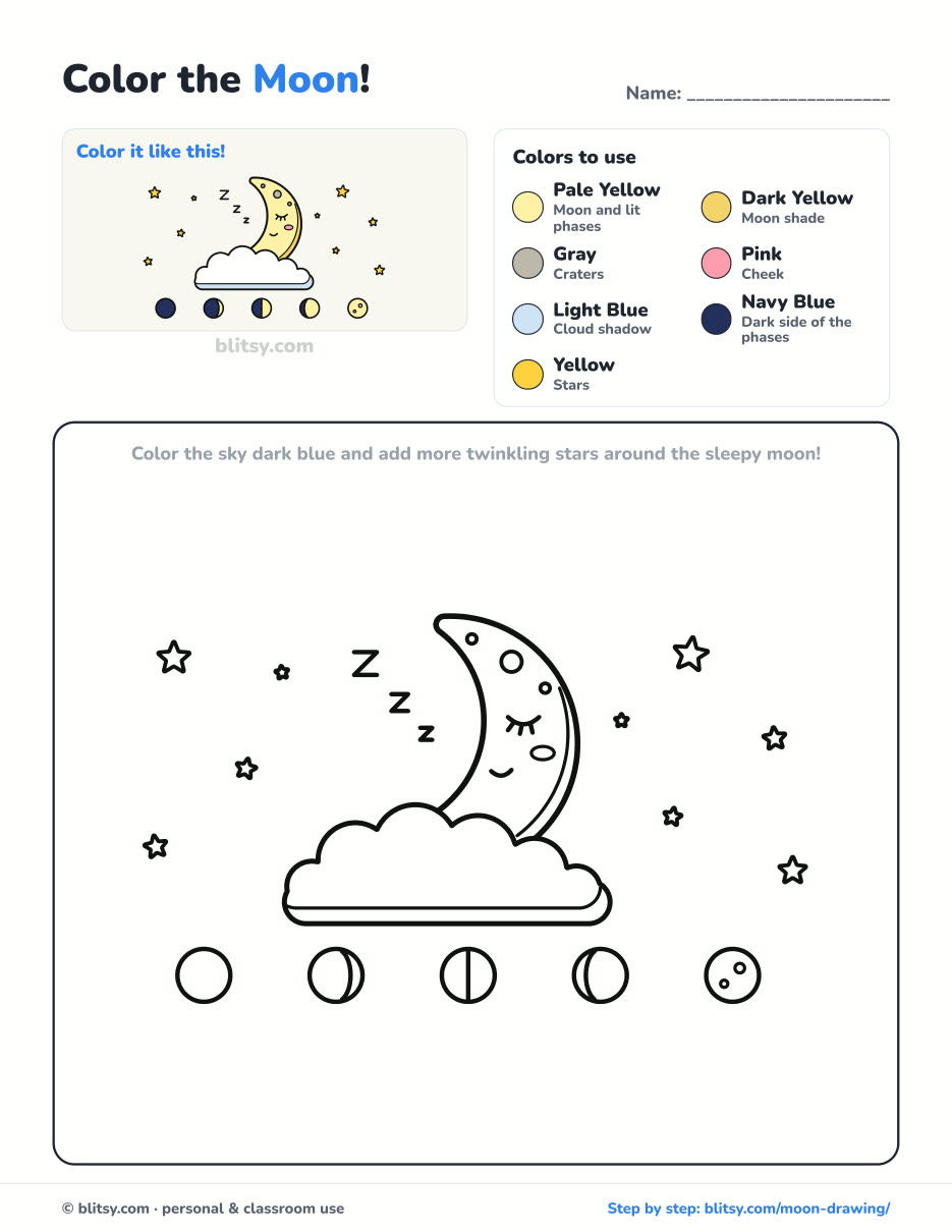 Moon coloring page printable with color key - free PDF download
