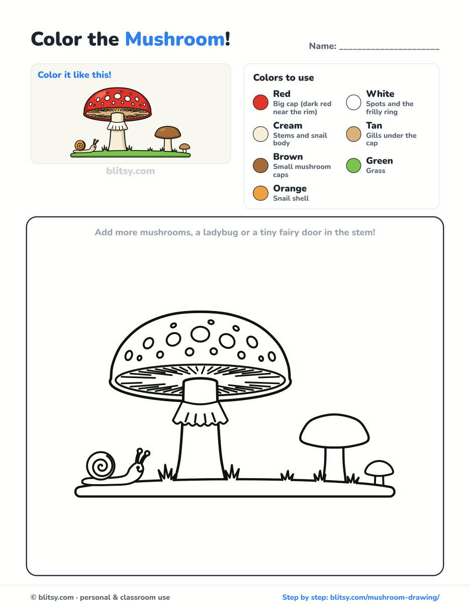Mushroom coloring page printable with color key - free PDF download
