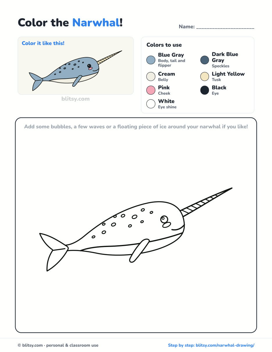 Narwhal coloring page printable with color key - free PDF download