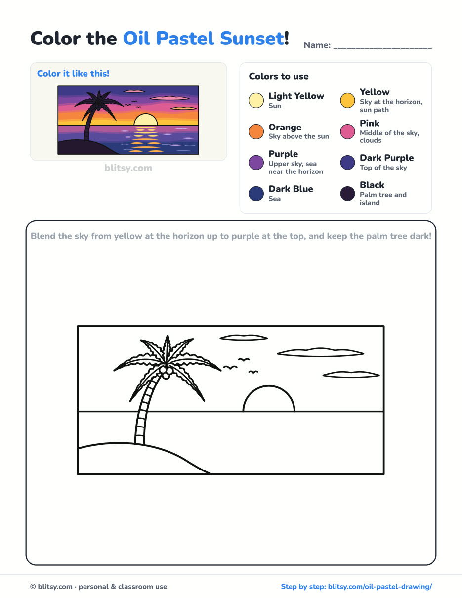 Oil Pastel Sunset coloring page printable with color key - free PDF download