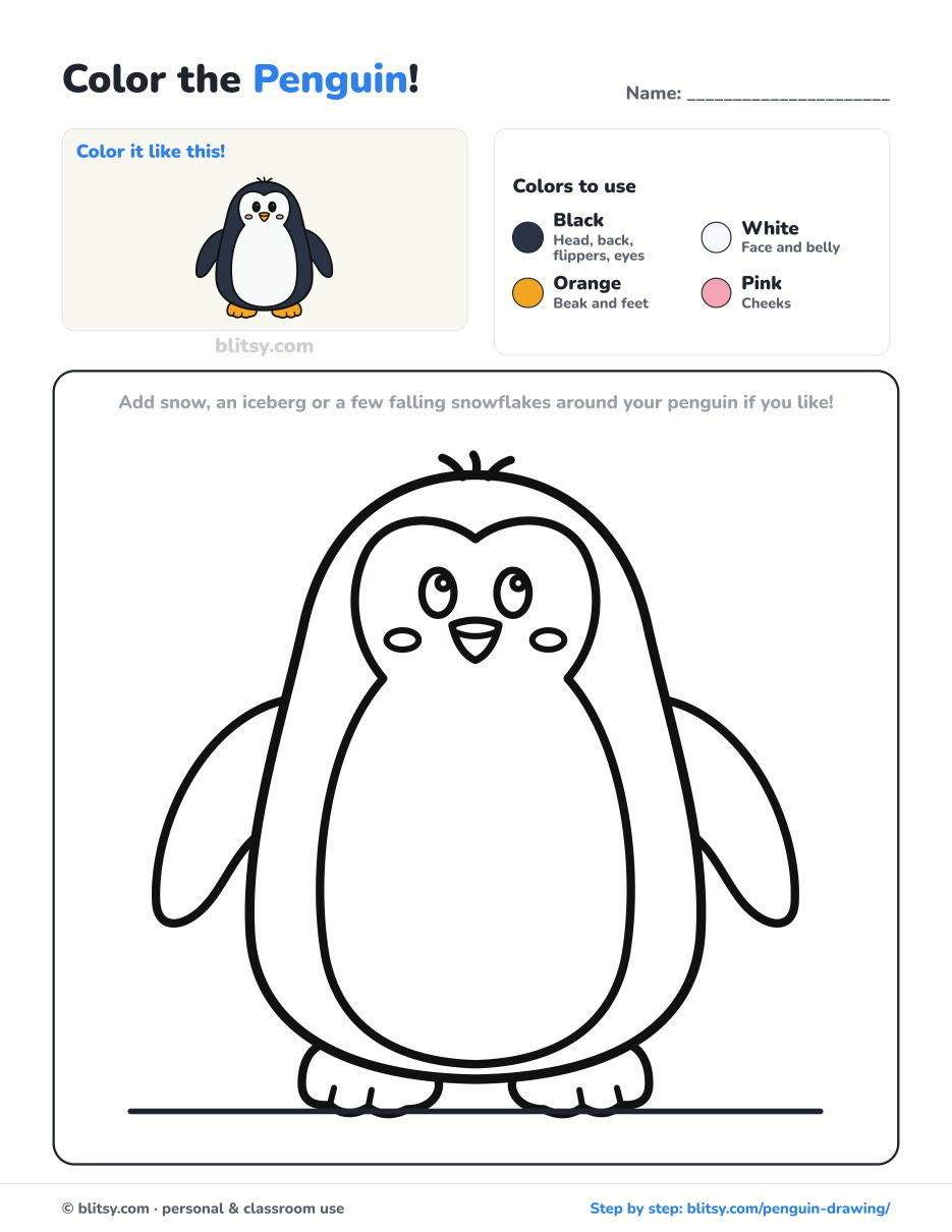 Penguin coloring page printable with color key - free PDF download