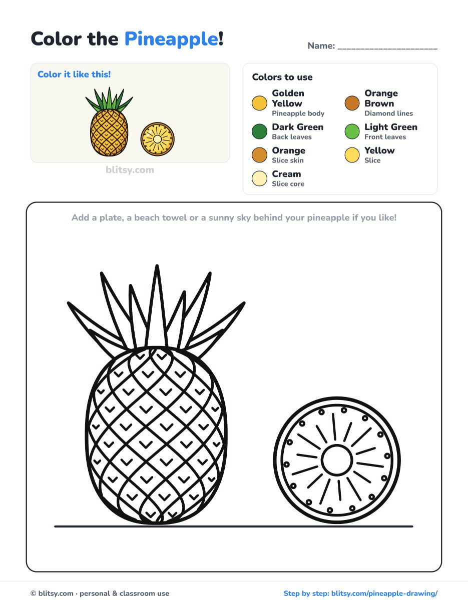 Pineapple coloring page printable with color key - free PDF download