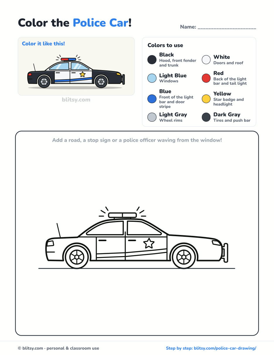 Police Car coloring page printable with color key - free PDF download