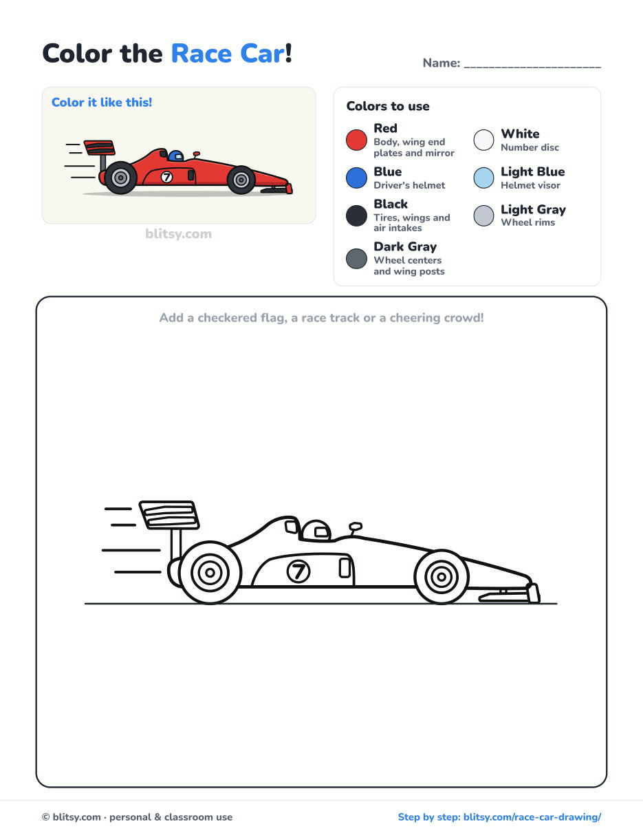 Race Car coloring page printable with color key - free PDF download
