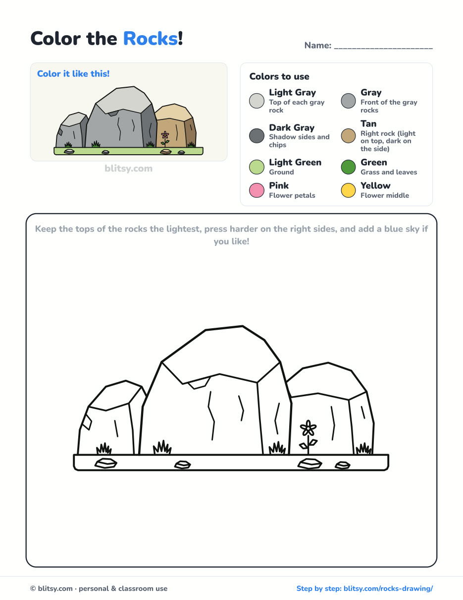 Rocks coloring page printable with color key - free PDF download
