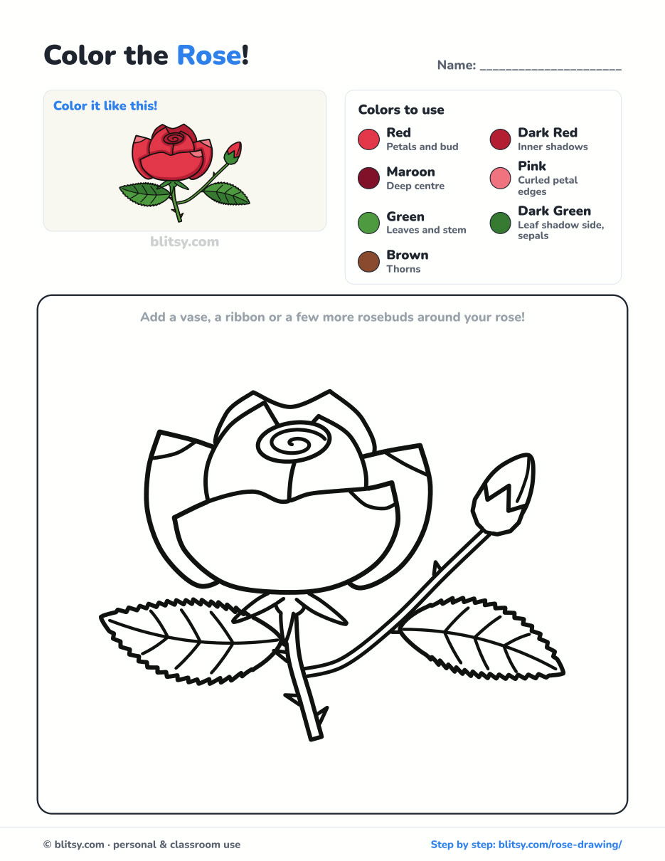 Rose coloring page printable with color key - free PDF download