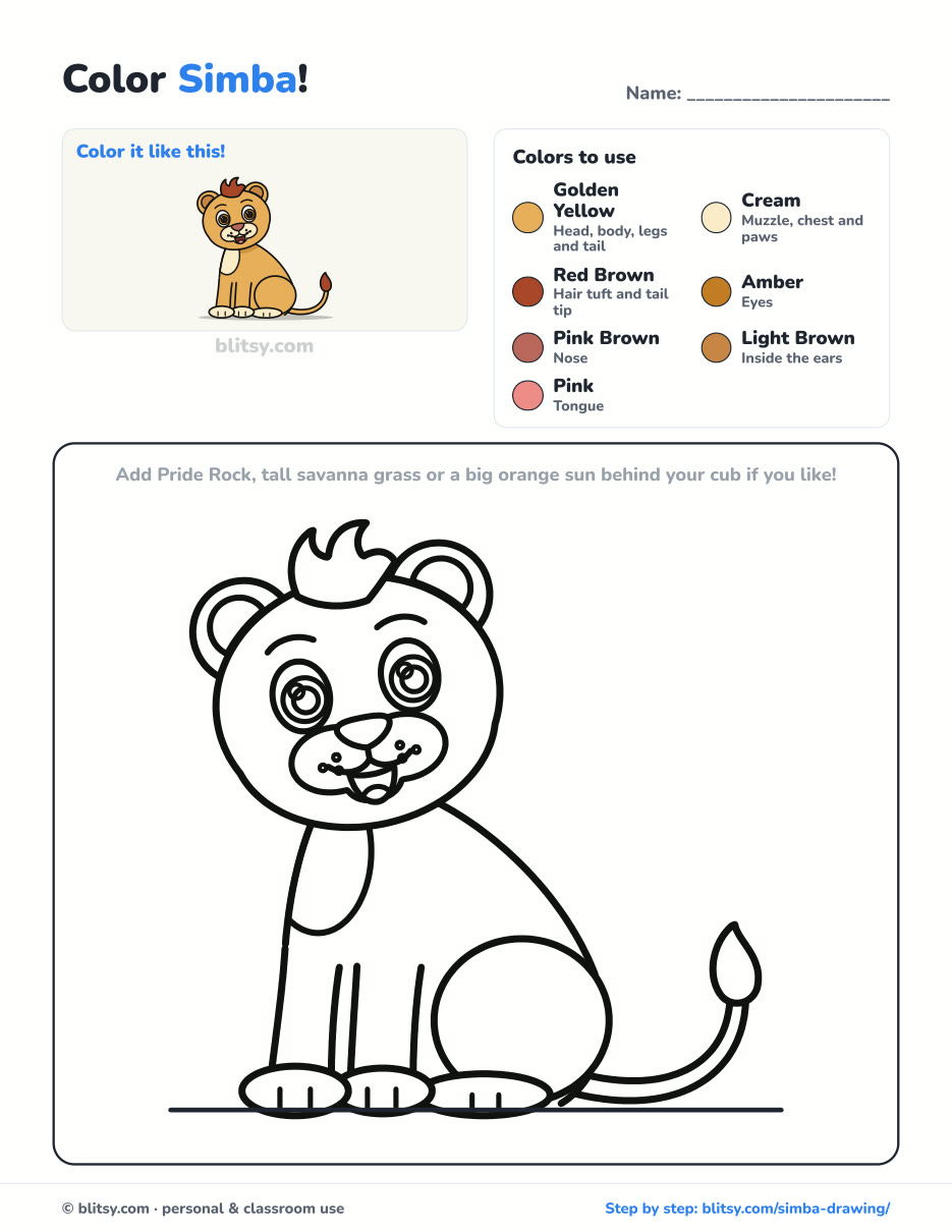Simba coloring page printable with color key - free PDF download