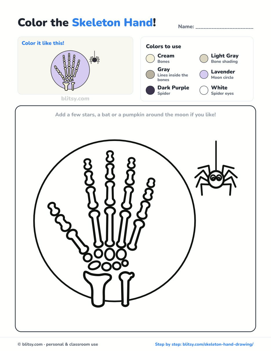 Skeleton Hand coloring page printable with color key - free PDF download