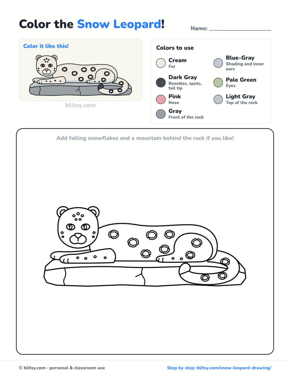 Snow Leopard coloring page printable with color key - free PDF download