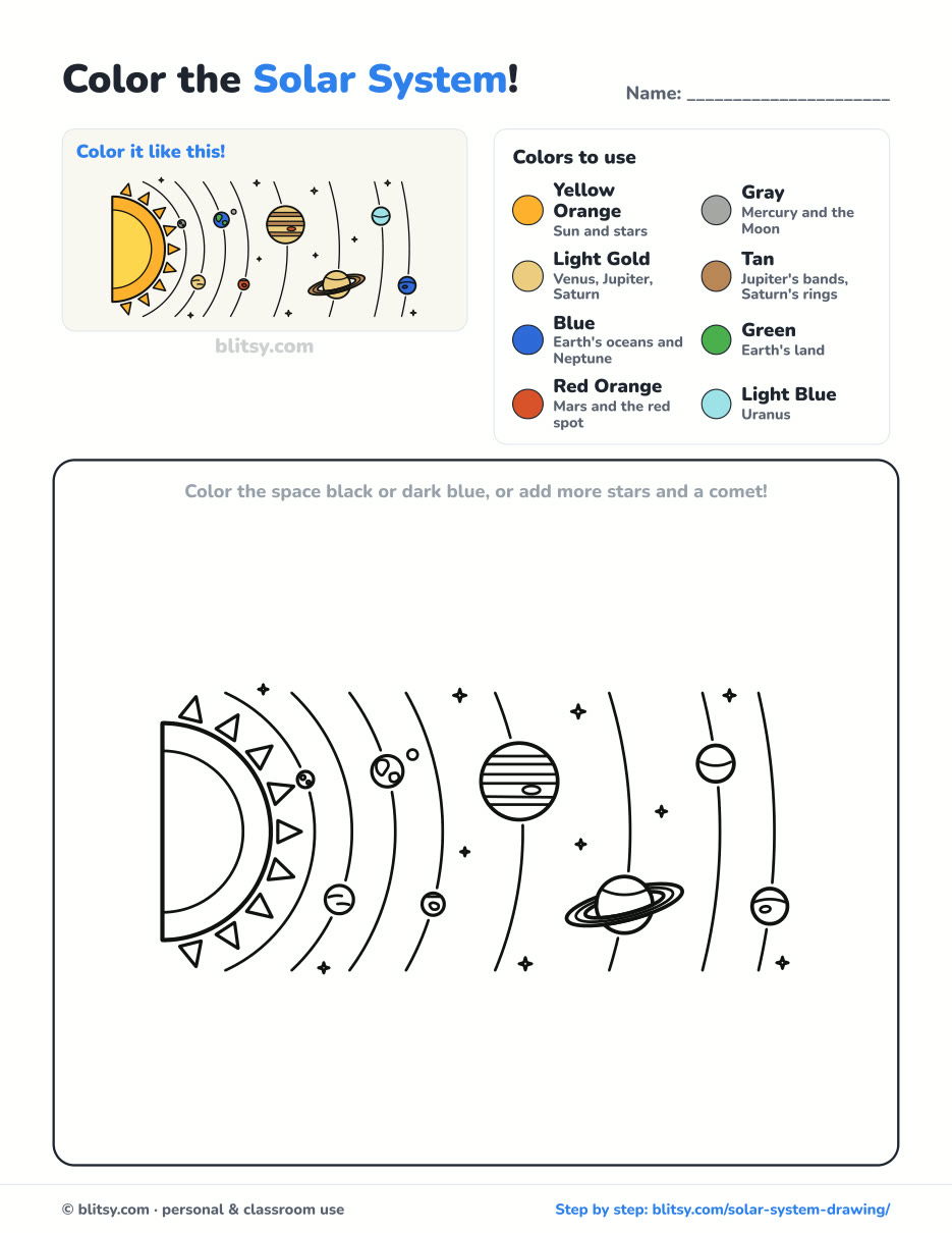Solar System coloring page printable with color key - free PDF download