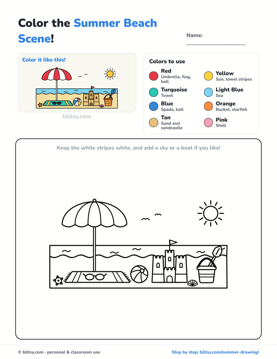 Summer coloring page printable with color key - free PDF download