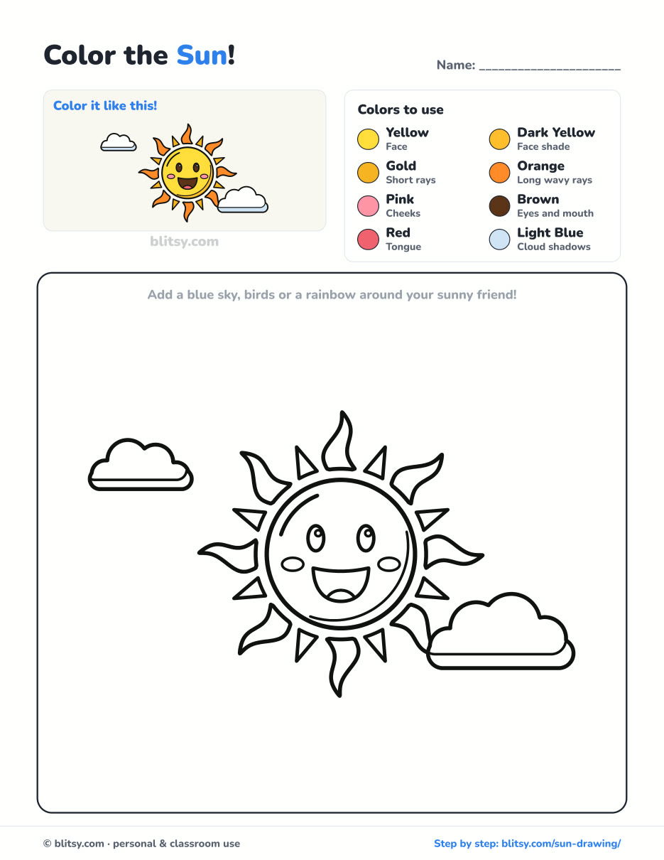 Sun coloring page printable with color key - free PDF download