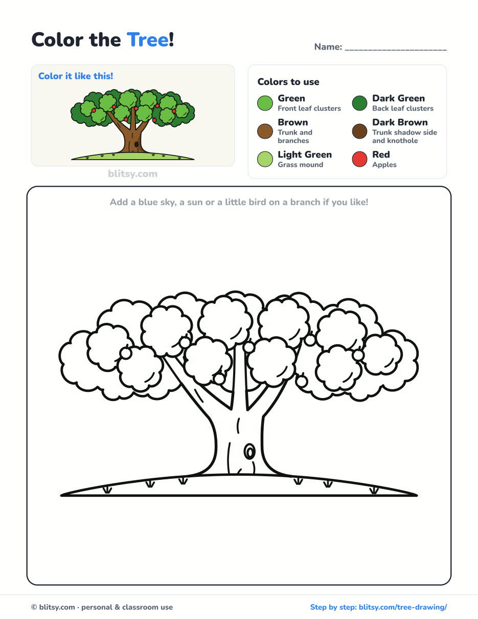 Tree coloring page printable with color key - free PDF download