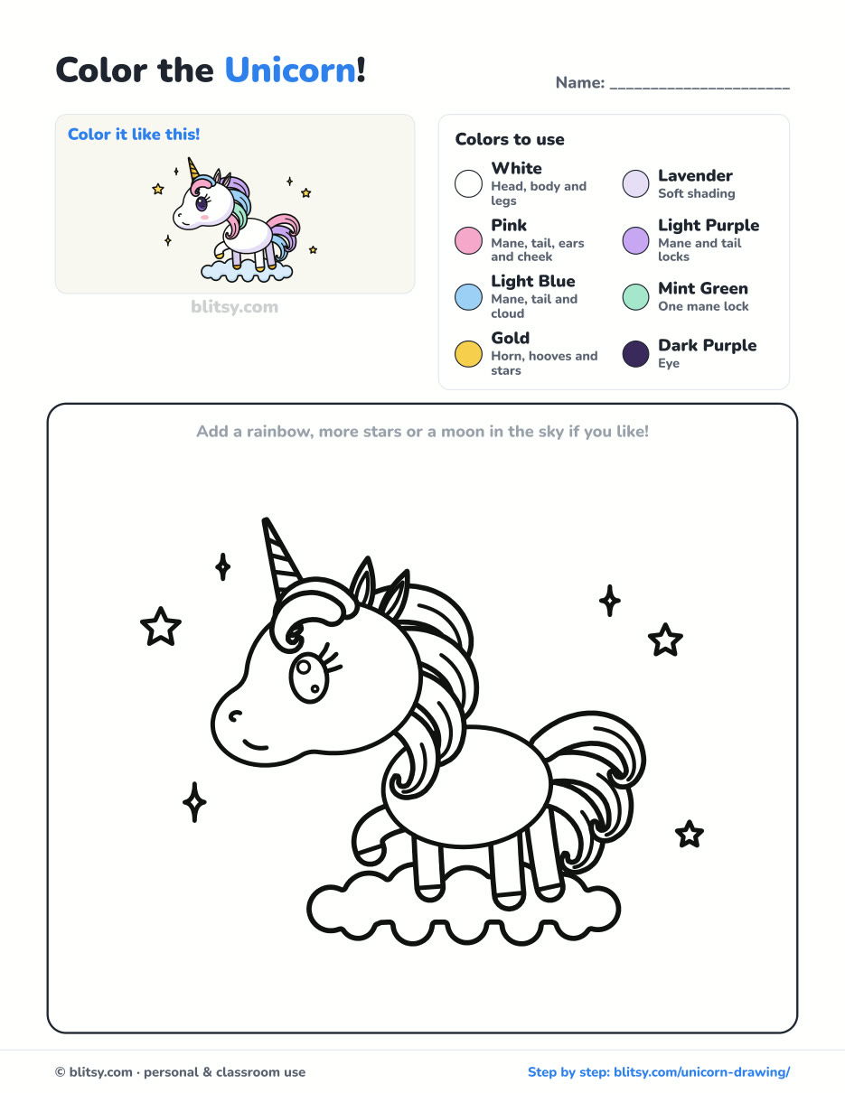 Unicorn coloring page printable with color key - free PDF download