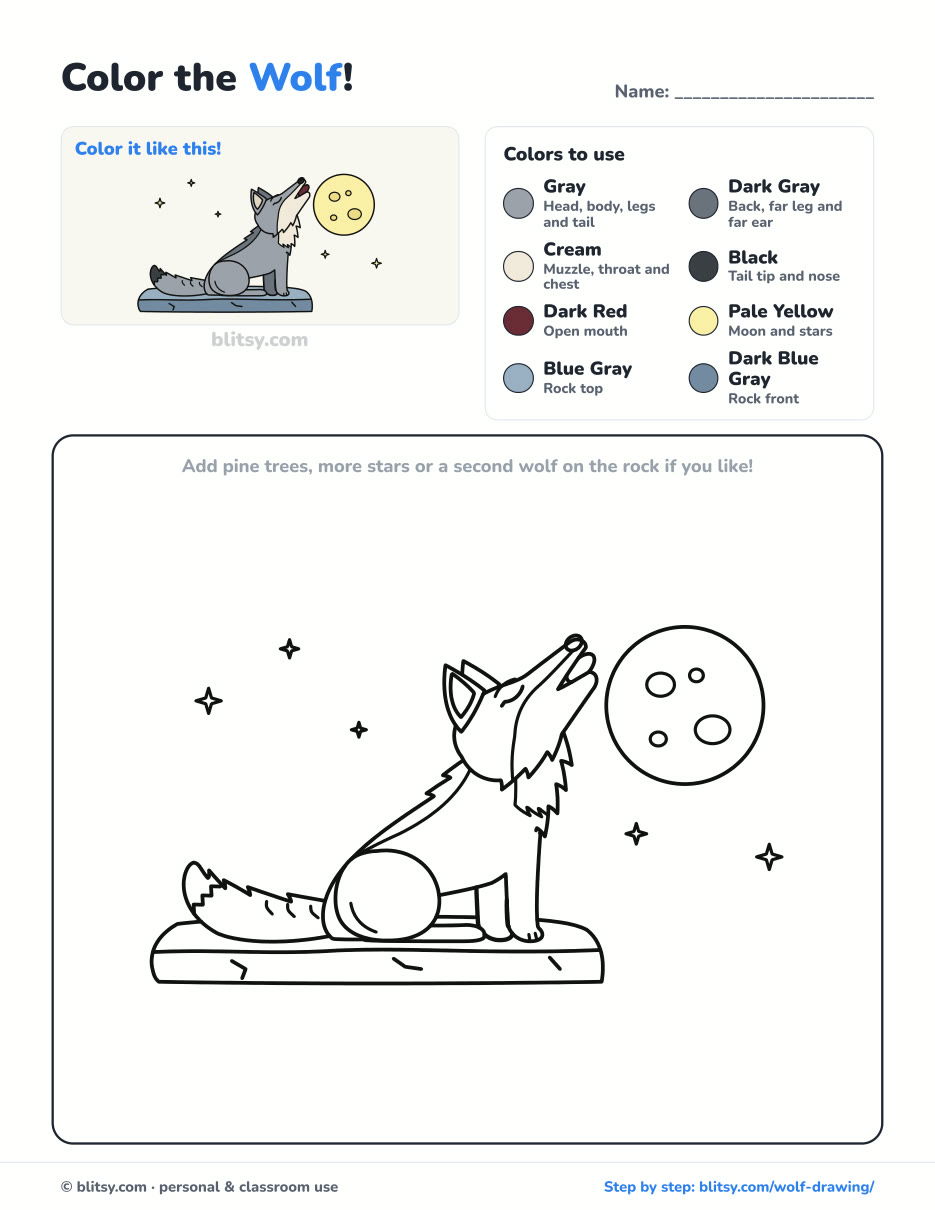 Wolf coloring page printable with color key - free PDF download