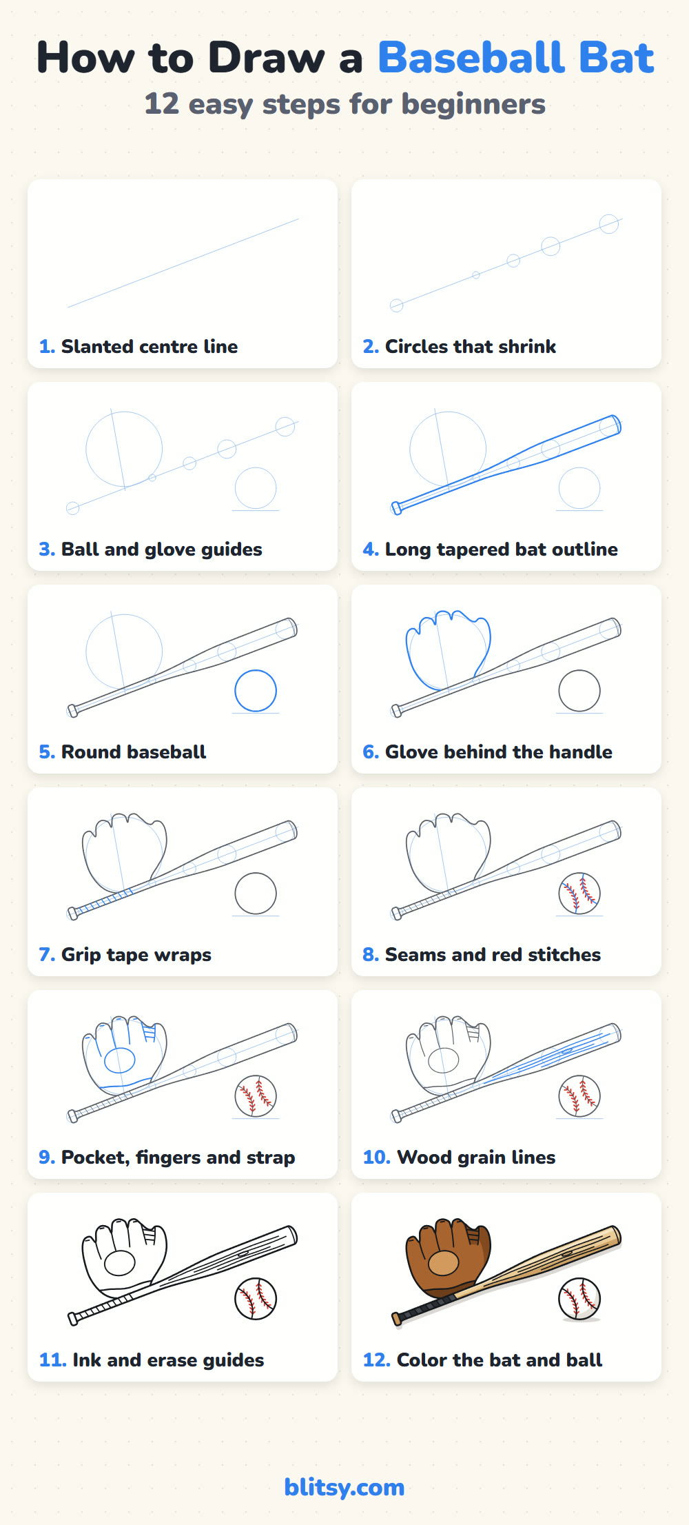 How to draw a baseball bat step by step - all 12 steps on one page (Pinterest)