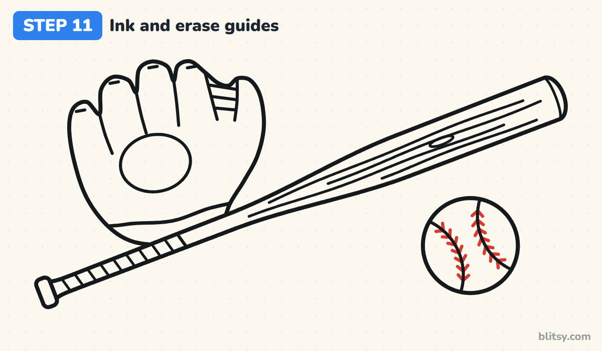 How to draw a baseball bat step by step step 11 - ink the drawing and erase the guides