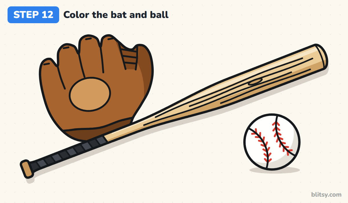 How to draw a baseball bat step by step step 12 - color the bat, the ball and the glove