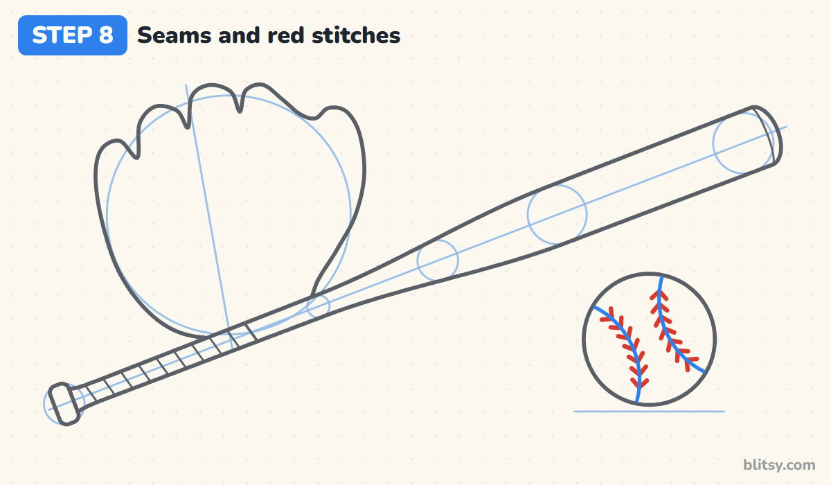 How to draw a baseball bat step by step step 8 - draw the seams and the red stitches