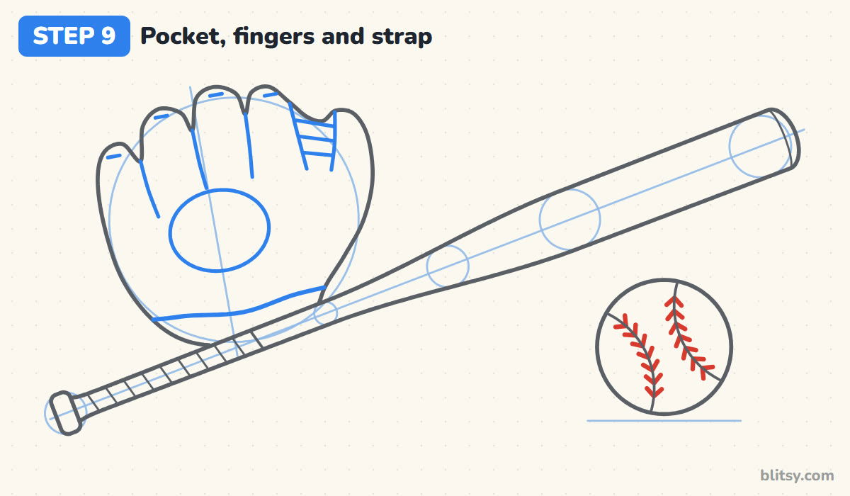 How to draw a baseball bat step by step step 9 - add the glove pocket, finger lines and wrist strap