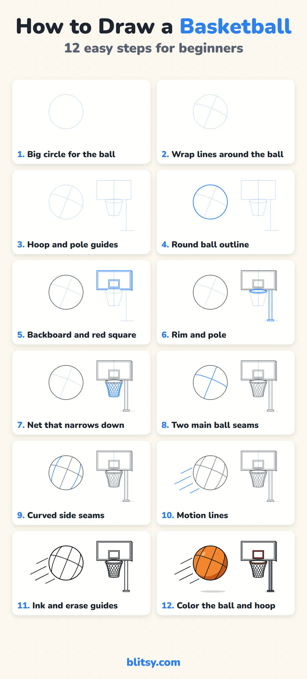 How to draw a basketball step by step - all 12 steps on one page (Pinterest)