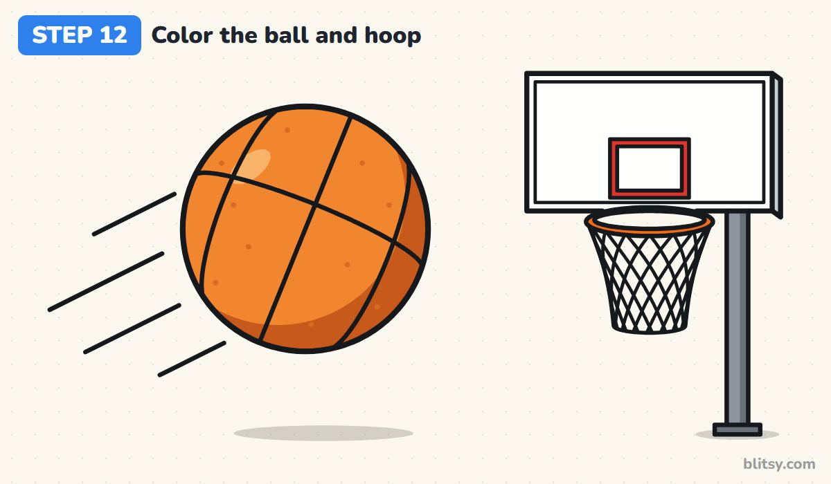 How to draw a basketball step by step step 12 - color the ball and the hoop