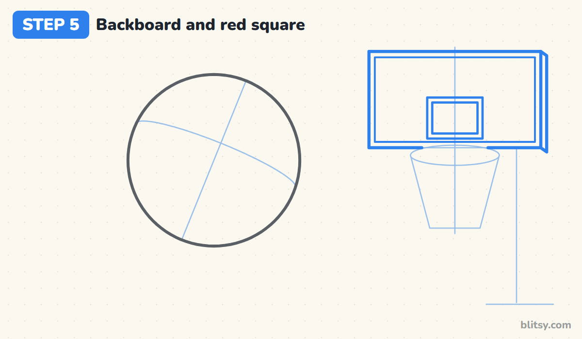 How to draw a basketball step by step step 5 - outline the backboard and the red square