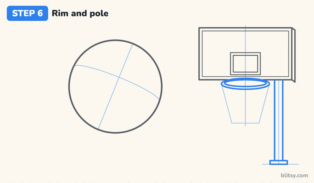 How to draw a basketball step by step step 6 - draw the rim and the pole