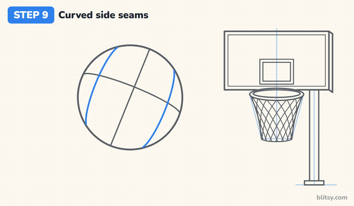 How to draw a basketball step by step step 9 - add the curved side seams