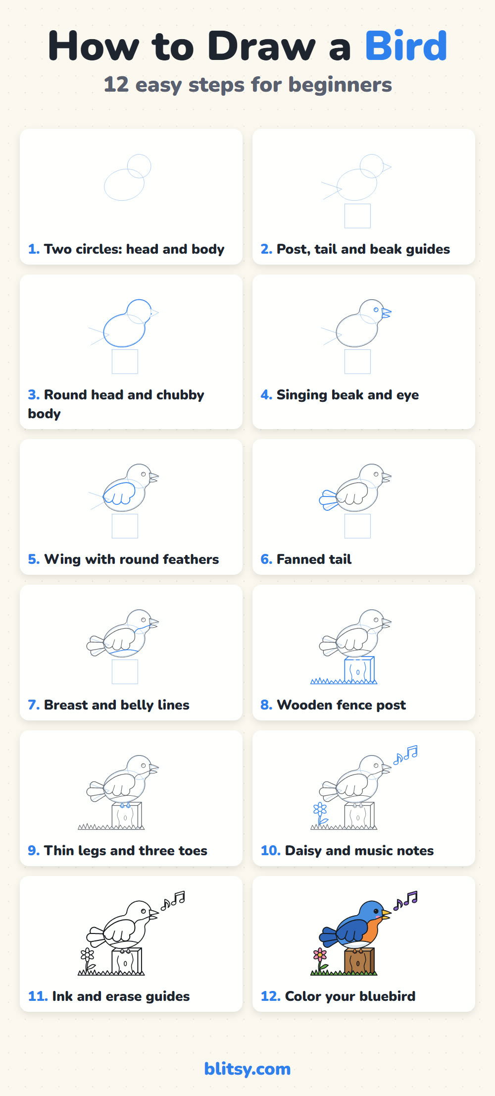 How to draw a bird step by step - all 12 steps on one page (Pinterest)