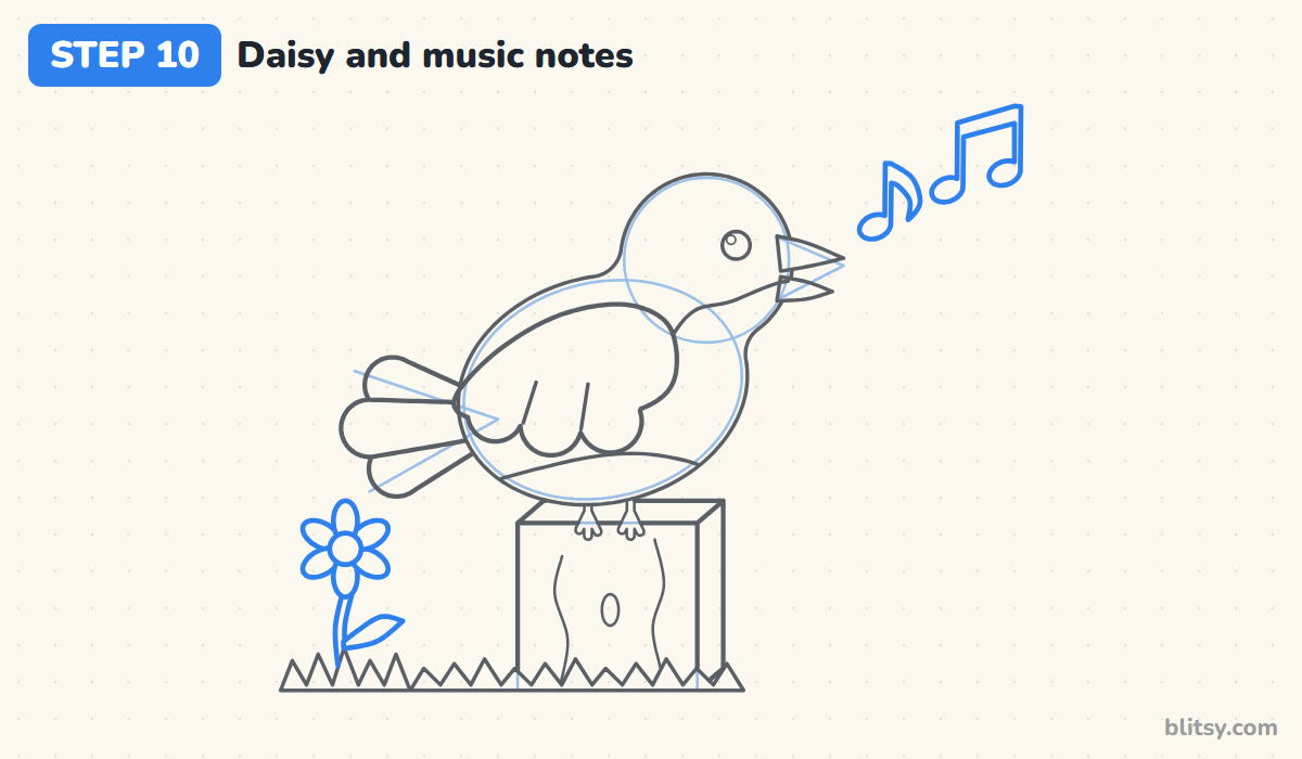 How to draw a bird step by step step 10 - draw a daisy and music notes
