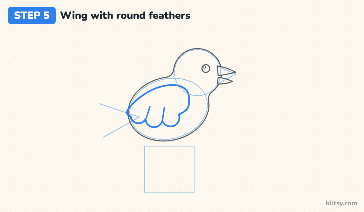How to draw a bird step by step step 5 - draw the wing with round feathers