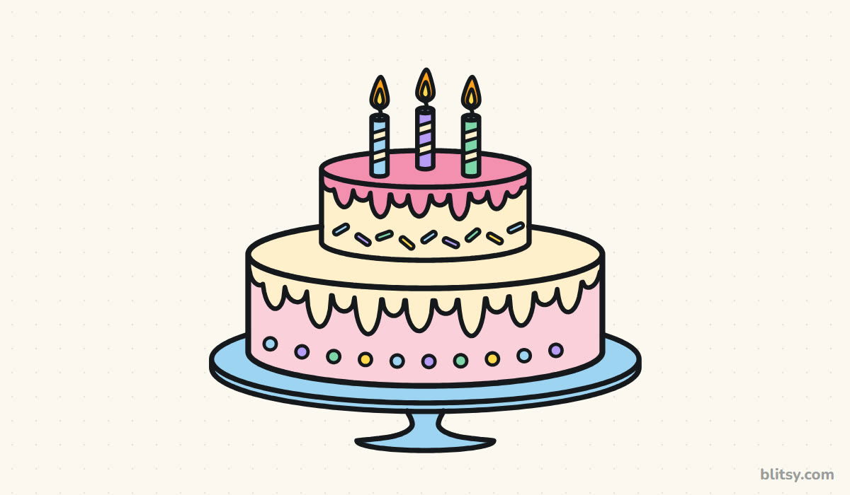 How to draw a birthday cake step by step - finished colored birthday cake drawing
