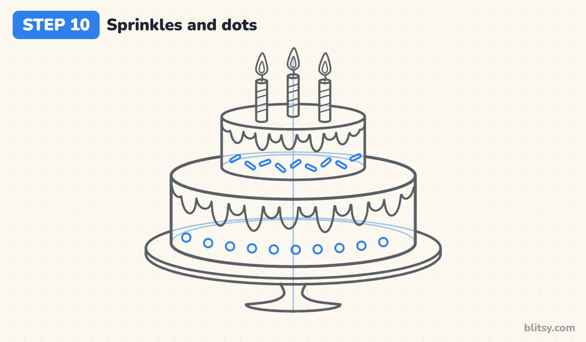 How to draw a birthday cake step by step step 10 - scatter sprinkles and add a row of dots
