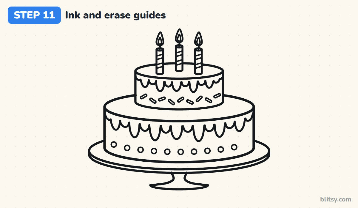 How to draw a birthday cake step by step step 11 - ink the cake and erase the guides