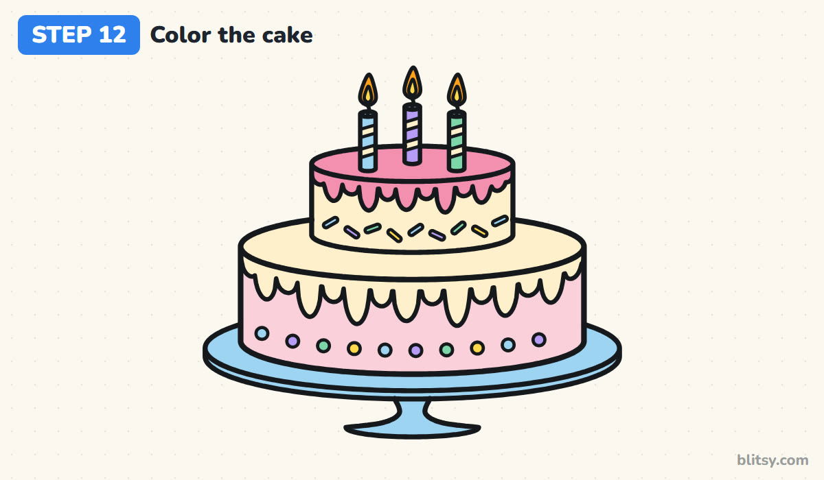 How to draw a birthday cake step by step step 12 - color the birthday cake