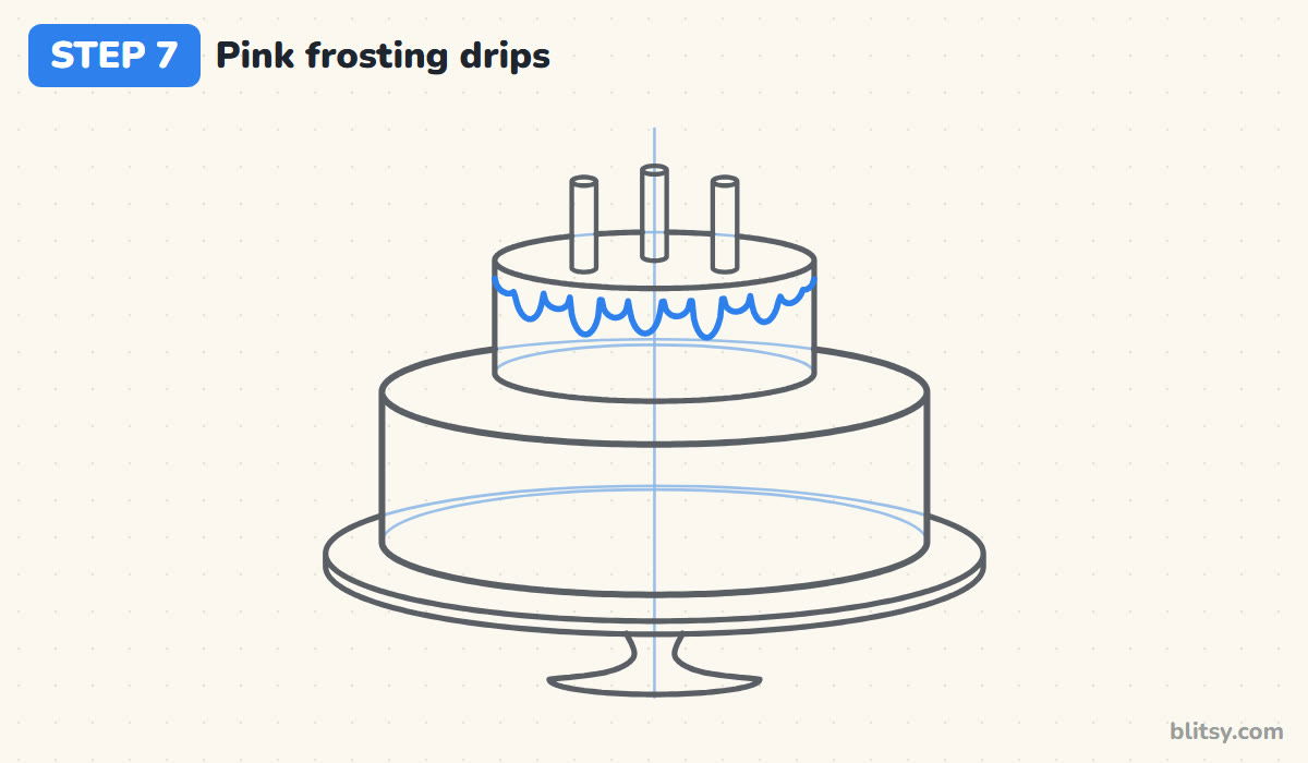 How to draw a birthday cake step by step step 7 - draw pink frosting drips on the top tier