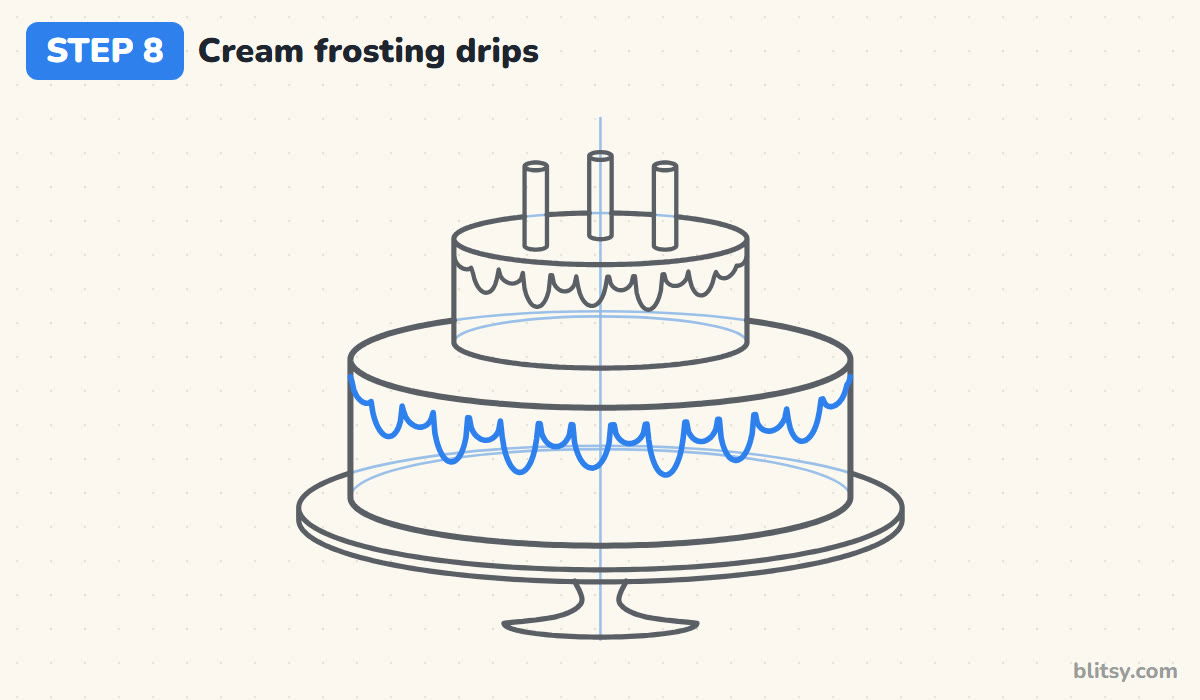 How to draw a birthday cake step by step step 8 - add cream drips to the bottom tier