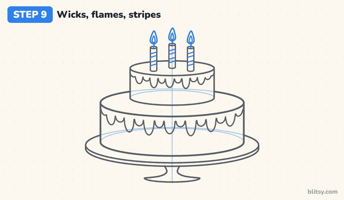 How to draw a birthday cake step by step step 9 - top the candles with wicks and flames