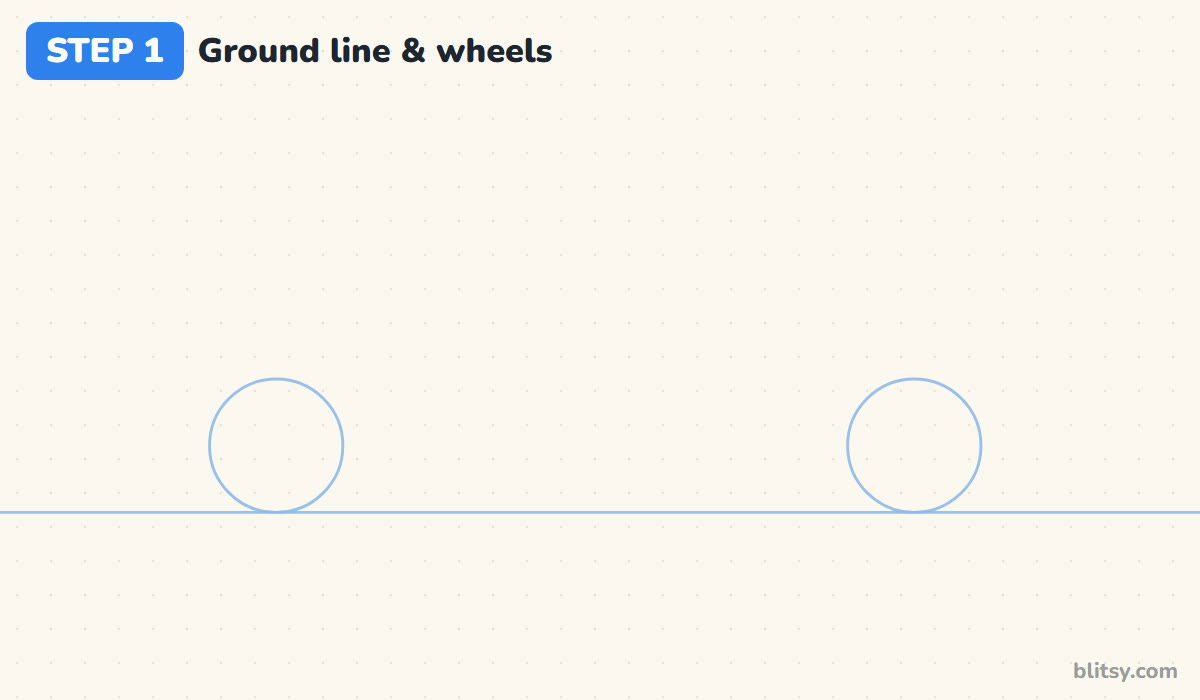 How to draw a car step 1 - draw the ground line and the wheels