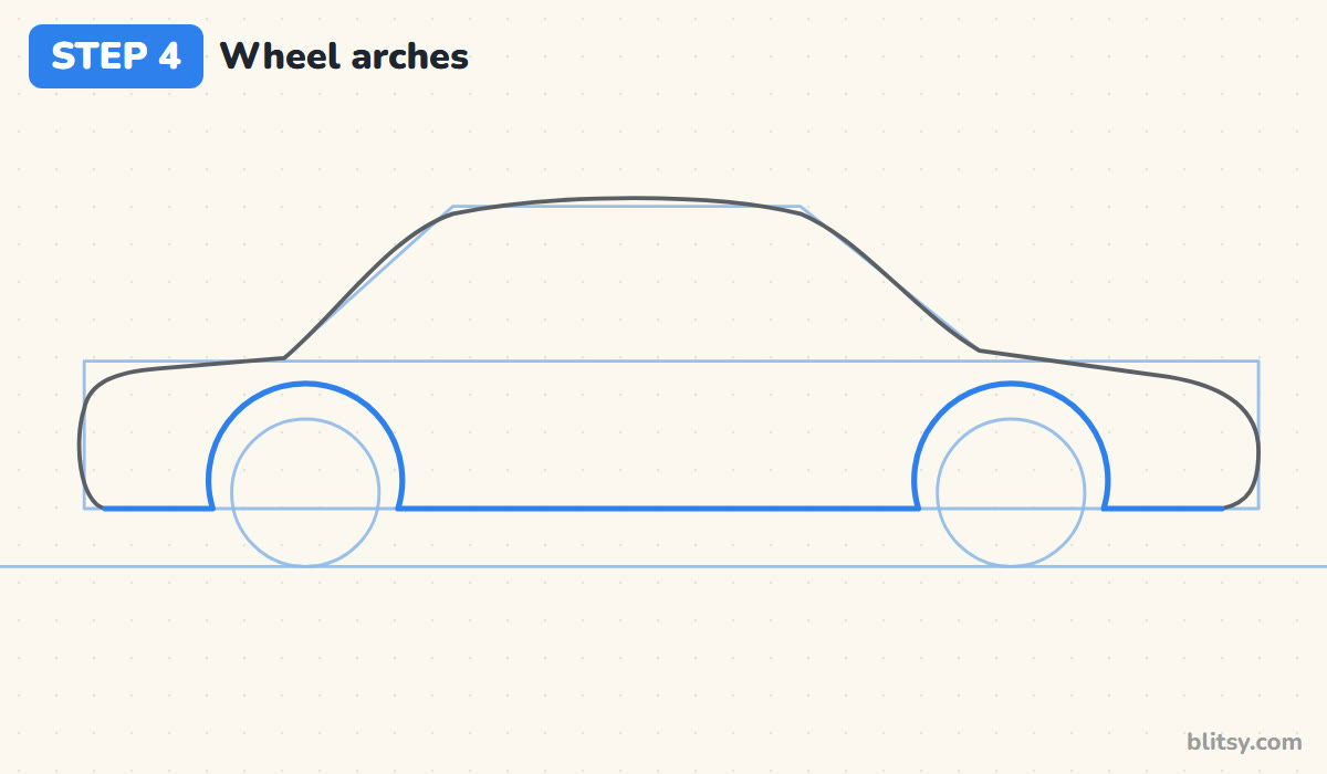 How to draw a car step 4 - shape the wheel arches