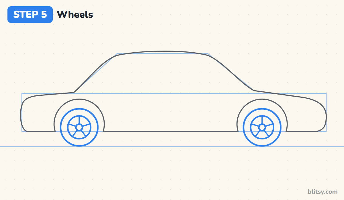 How to draw a car step 5 - draw the wheels