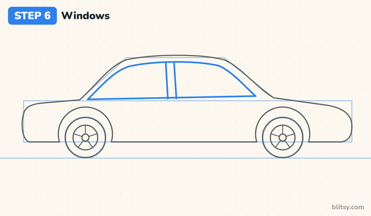 How to draw a car step 6 - add the windows