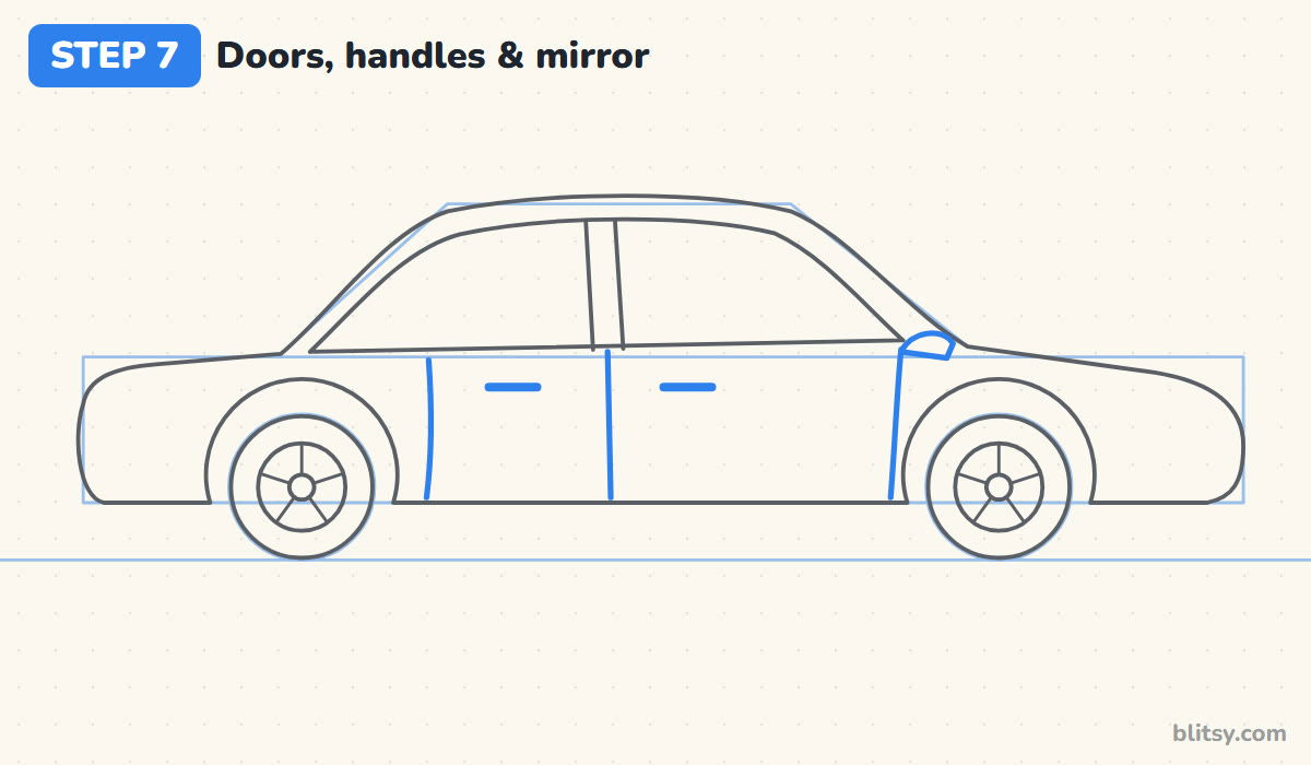 How to draw a car step 7 - draw the doors, handles and mirror